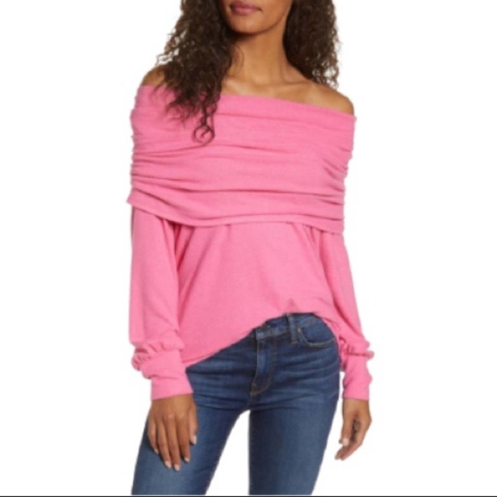 NWT Gibsonlook Cozy Fleece Convertible Neck Sweater XS Pink Off Shoulder